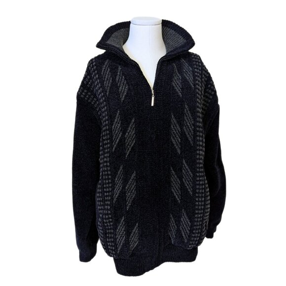 Retro Grandpa Sweater Cardigan Zip Up Velour Collared Navy Blue Size L Mens - Picture 10 of 13